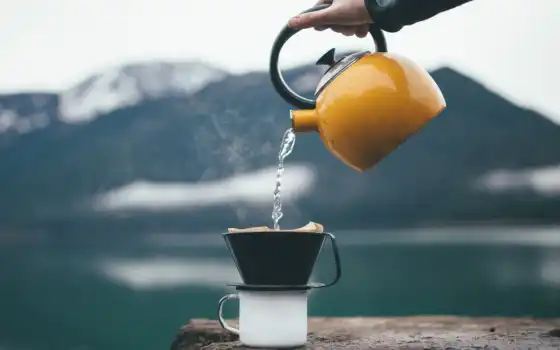 чай, кофе, утро, гора, природа, глоток, чаник, горячий, чашка, пейзаж, поле