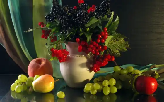 фрукты, виноград, натюрморт, персик, apple, ягоды, 