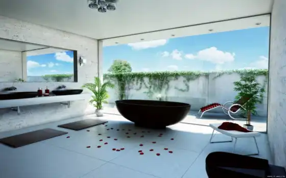 ванная, комната, ванна, ванной, лепестки, dekor, картинку, цветы, комнаты, зеркало, шезлонг, 