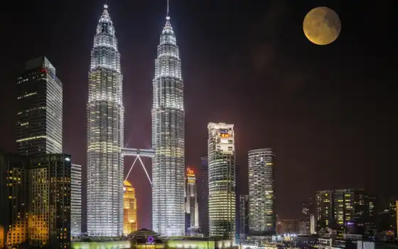 башня, petrona, kuala, lumpur, malaysia, skybar, ночь, луна, небоскрёб, smartphone, планшетный