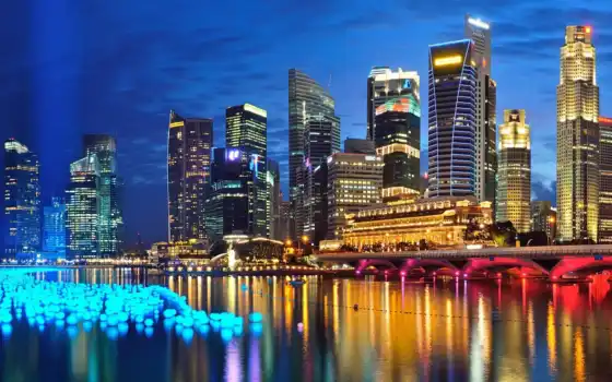 ,сингапур, река, вечер, небо, огни, мост,