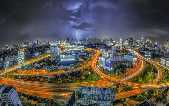 bangkok, thai, бангкока, города, мегаполис, ночь, небоскребы, картинку, ночные, дороги, 