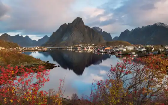 лофотенские острова, норвегия, рейн, остров, осень, деревня, пейзаж, гора, рыба, путешествия, природа