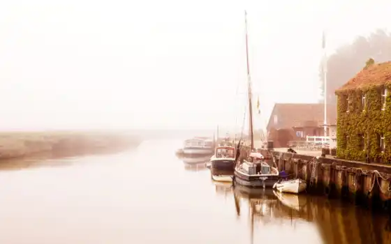 лодки, утро, туман, причал, река, дома, море, озеро, 