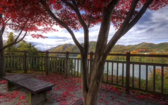осень, природа, красавица, озера, деревня, горы, листва, 