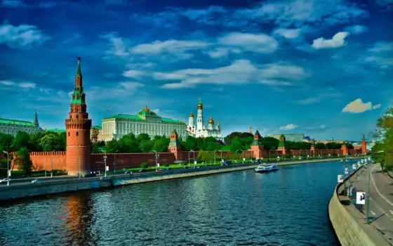 москва, кремль, высоком, река, 