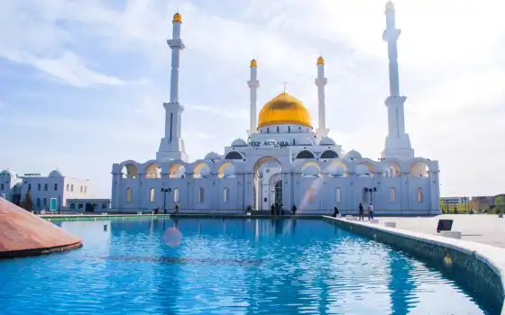 astana, казахстан, mosque, минарет, fountain, люди, 
