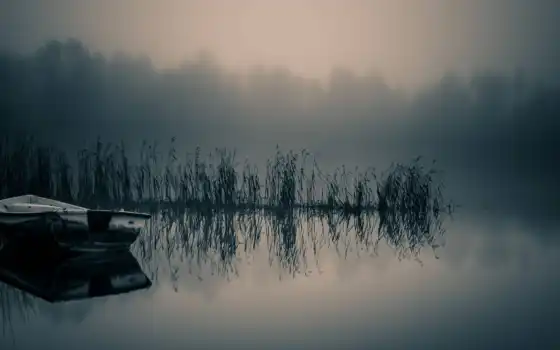 туман, озеро, лодка