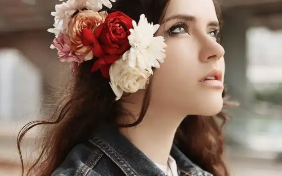 , цветы, глаза, женщина