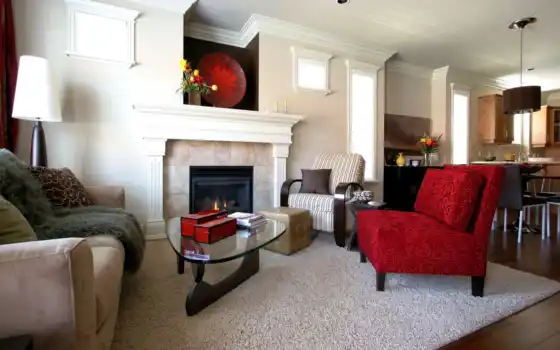 design, интерьер, комната, стиль, диван, red, кресло, мебель, ковёр, камин, 