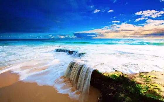 пляж, море, небо, oblaka, камни, water, песок, водопад, поток, 