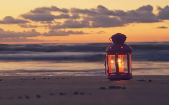 пляж, зеркало, фонарь, песок, море, свеча, нет, фильтр
