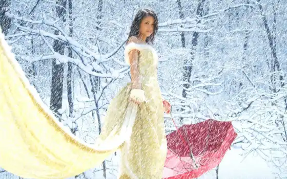 снег, платье, девушка, элем