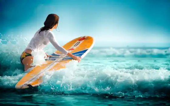 спорт, девушка, море, сёрфинг, волны, вода, 