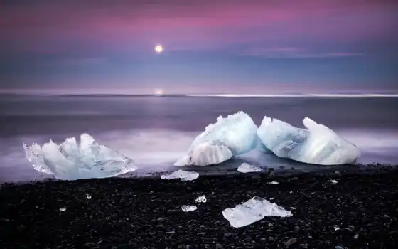 море, лед, закат, камни, льдины, глыбы, 