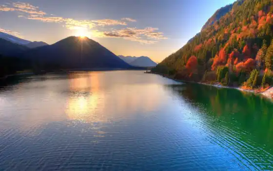небо, рассвет, банка, осень, виды, река, горах, панорамные, горы, 