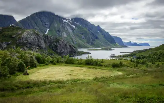 норвежское, горное, монастырское, лофотен, пейзаж, озеро