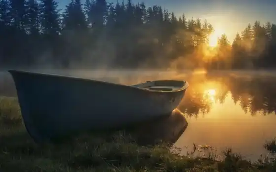 лодка, туман, корабль, озеро, фотограф, закат, лес, утро, фон, хороший