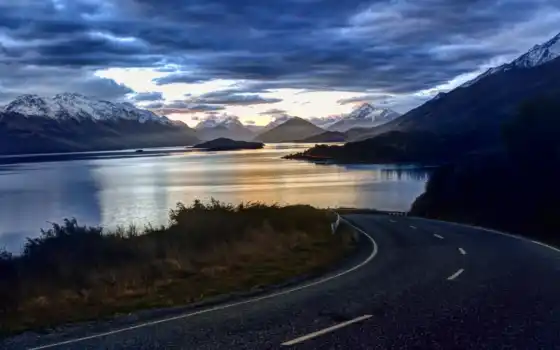 дорога, озеро, облака, пейзаж, новые, горы, зеландия, трасса,