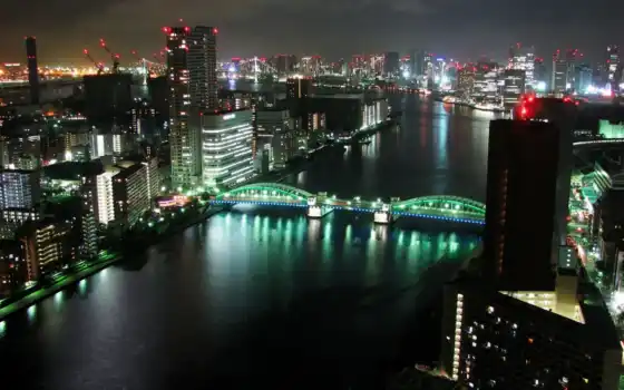 landscape, здания, город, ночь, мост, tokyo, взгляд, река, города, 