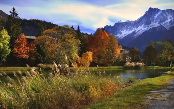горы, осень, облака, деревья, день, река, небо, голубое, пейзаж, пруд, картинка, картинку, 