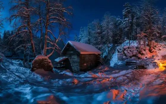 дом, лес, ночь, зима, столобой, узкий