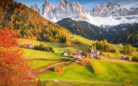 италия, осень, деревня, церковь, дерево, алпы, гора, форе, природа, пасти