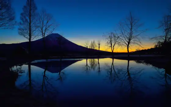 озеро, япония, ночь