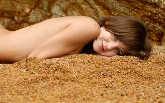 песок, тело, улыбка, обнаженное, 