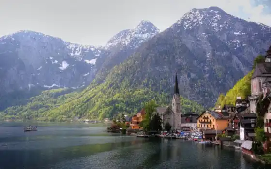 австрия, горы, дома, озеро, church, 