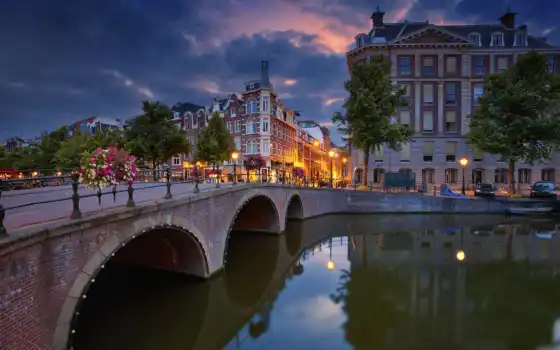 амстердам, нидерланды, канал, европа, город, мост, строй, северный дюск, городской пейзаж