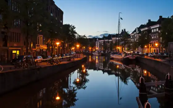 гронинген, ночь, город, нидерланды, canal, holland