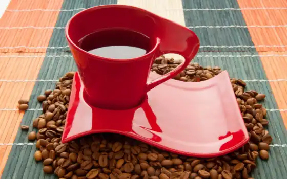 кофе, капелек, чашка, с зернами, красный