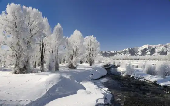 зима, природа, деревянная, река, и далее,