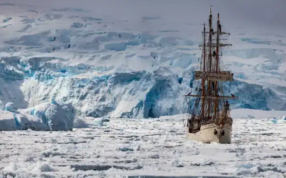 парусная лодка, антарктида, лед
