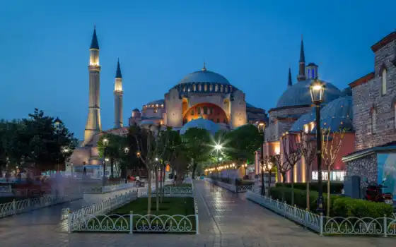 sophia, hagia, istanbul, храм, turkey, mosque, ночь, even, город, фон, улица
