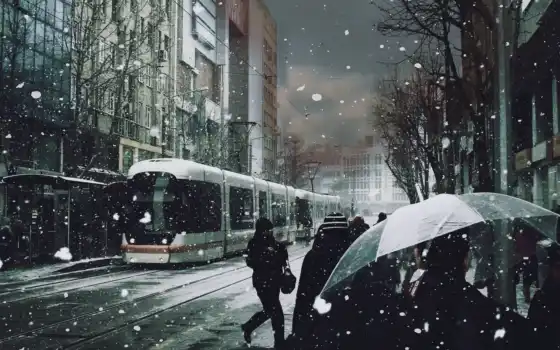 снег, люди, трамвай, зонты, 