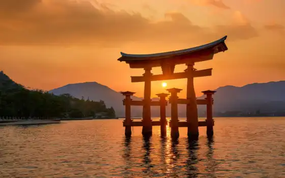 япон, бритые, ееукушима, miyajima, море, torii, закат, японки, ворота, жжм, ритуал