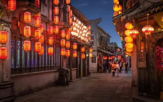 улица, house, китаянка, china, вечер, human, lantern, город, ночь