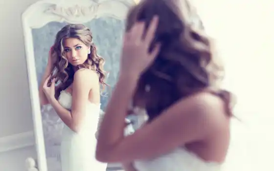 зеркало, невеста, свадебный, платье, девушка