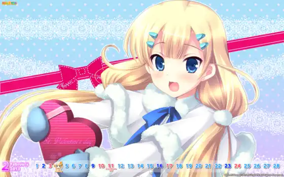 minamura, airi, hair, with, blue, blush, ribbon, calendar, eyes, ikegami, blonde, akane, gloves, аниме, valentine, game, 