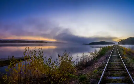 туман, rail, лес, foto, und, река, осень, дерево, дорогой, iron