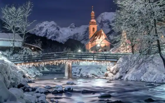 landscape, германия, winter, гора, снег, природа, альпы, berchtesgaden, небо, дорога, ночь