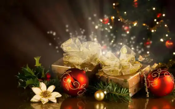 красные, подарки, праздник, украшения, новогодние, новый, год, елка, белый, цветок, шары, 