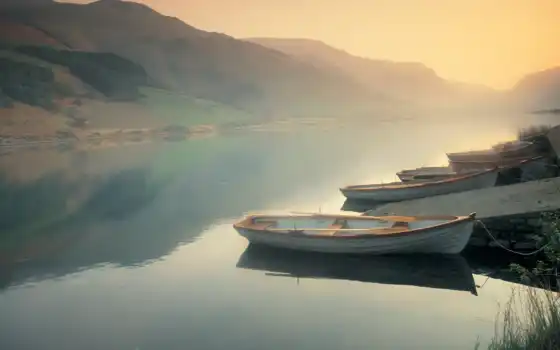 лодки, красивая, туман, река, душі,  горы, 