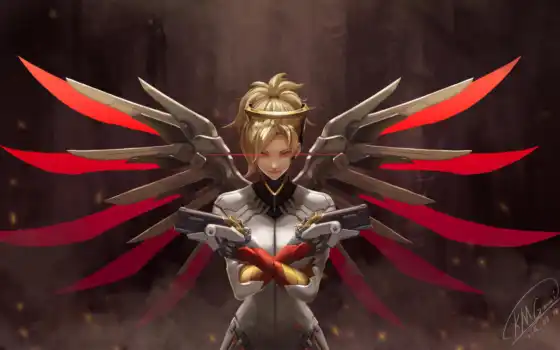 overwatch, mercy, game, wings, art, blizzard, artwork, red, 