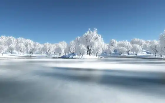 зима, снег, лес, река, деревья, заснеженные, картинка, 