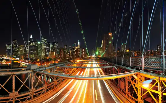мост, нью, бруклин, сша, огни, york, город, ночь, йорке, new, 