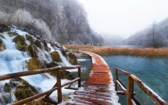 плитвица, горная хорватия, парк, национальная, зима, вода, пейзаж