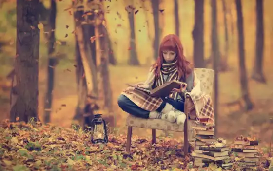 девушка, книга, осень, лес, прочитать